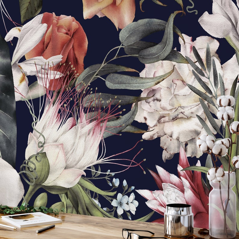 Vintage Dark Dutch Floral Wallpaper Peel and Stick Flower Etsy