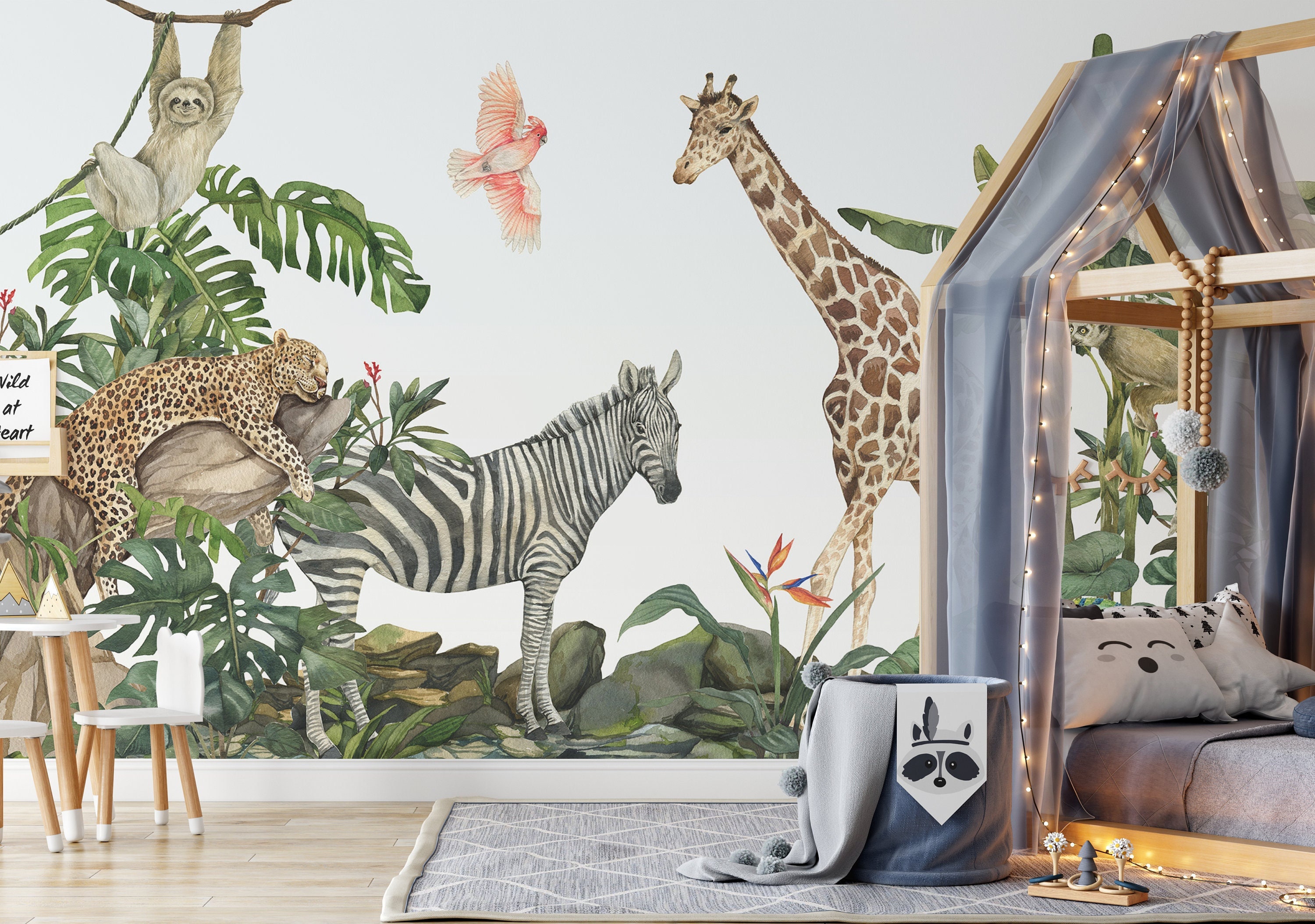 Osomhome Sticker mural pour chambre d'enfant Motif animaux de la jungle, Décoration murale pour chambre de garçon tropicale, Sticker mural pour  chambre de bébé animaux