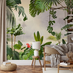 Rainforest tropical Wallpaper, Peel and Stick jungle flower and leaves mural with palm trees