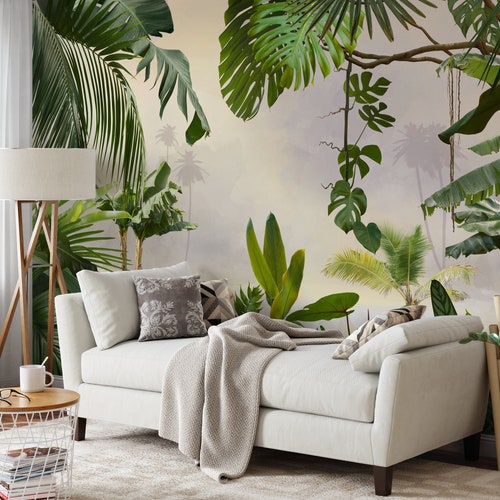 Rainforest tropical Wallpaper, Peel and Stick jungle flower and leaves mural with palm trees