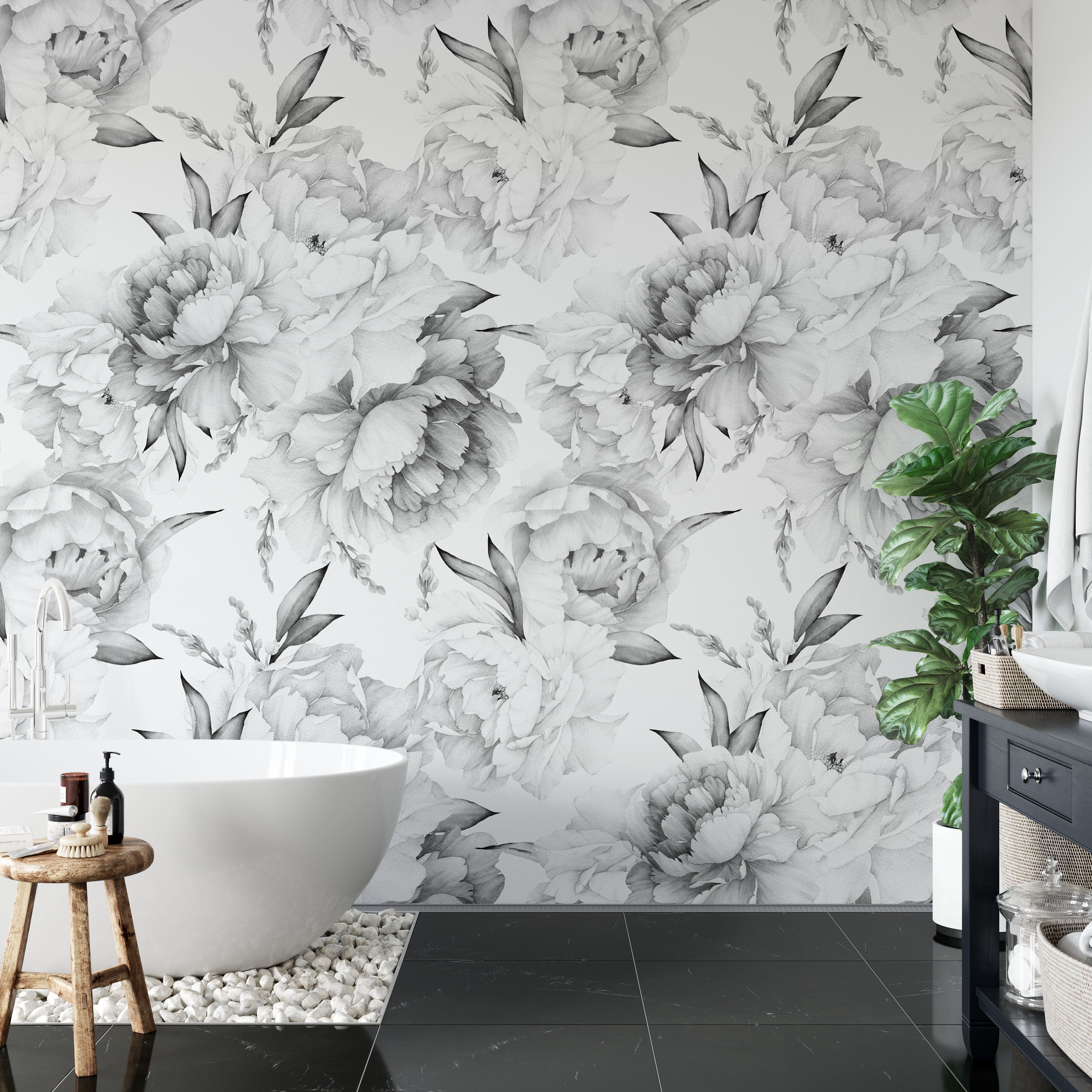 Black and White Peony Mural