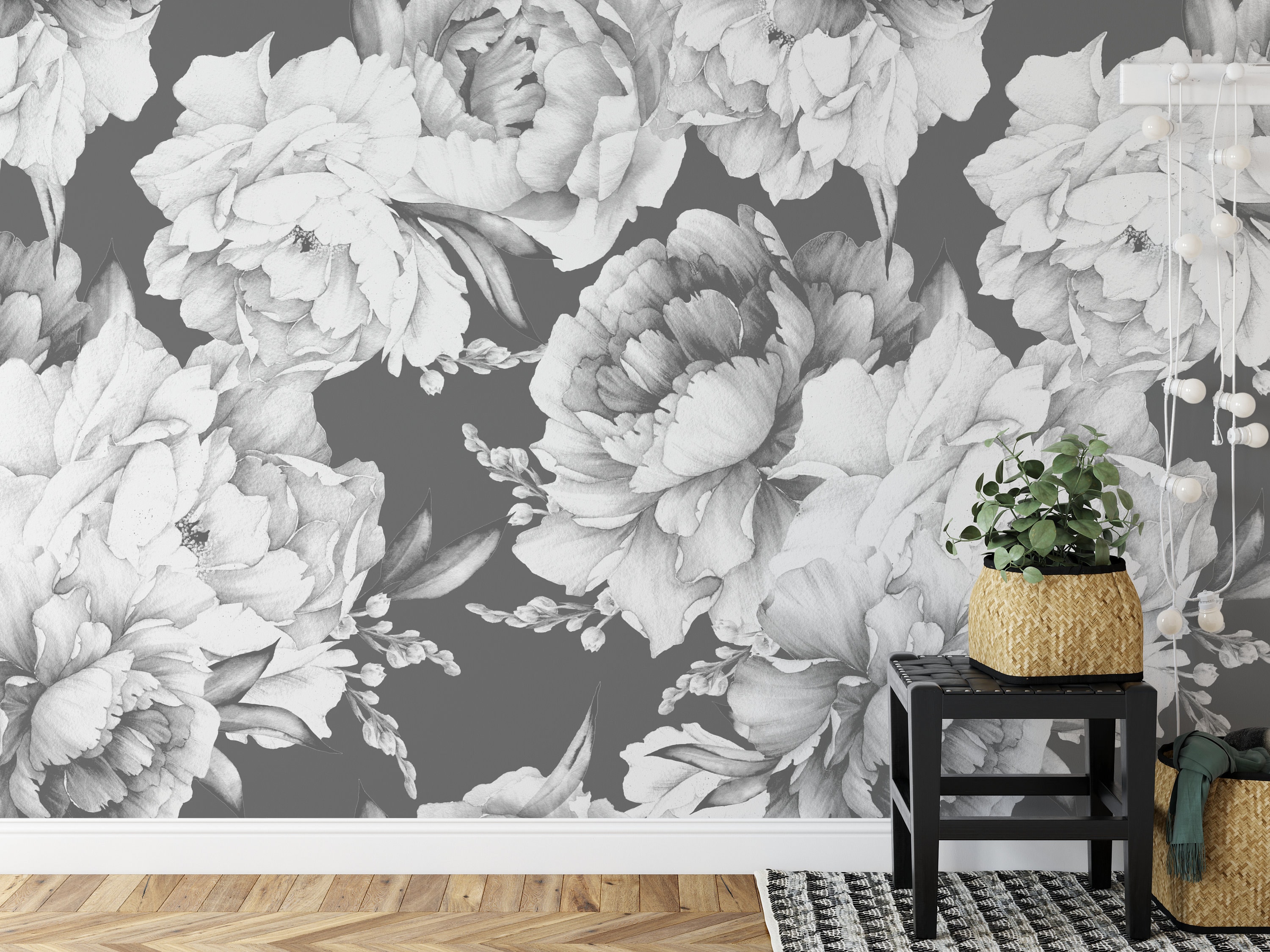 Buy Peony Wallpaper in Black and White Watercolor Flowers Online in India   Etsy