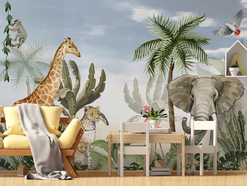 Safari Wallpaper With Wild Animals Self Adhesive Flamingo Etsy UK