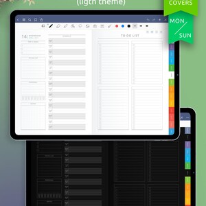 以下が含まれることがあります： タブレットの画面に表示されているデジタルプランナーアプリ。アプリは明るいテーマと暗いテーマがあり、日々のプランナー、ToDoリスト、スケジュール、メモセクションがあります。アプリには「2021年4月14日水曜日」の日付が表示されたカレンダーがあります。
