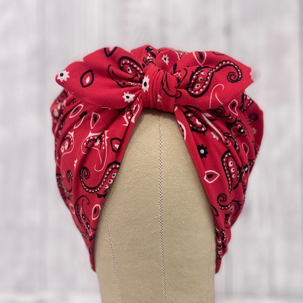 Rosie Riv Red Bandana stretch scrub cap stretchy scrub hat for long or short hair fashion turban, rockabilly head wrap chemo cap