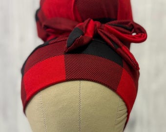 Buffalo Check stretch scrub cap stretchy scrub hat for long or short hair high bun ponytail messy bun euro cap