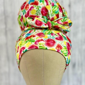 Tutti Fruity stretch scrub cap stretchy scrub hat for long or short hair high bun ponytail euro cap soft stretchy messy bun low bun