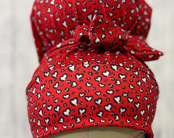 Red Leopard Hearts stretch scrub cap stretchy scrub hat for long or short hair high bun ponytail euro valentine leopard hearts messy bun