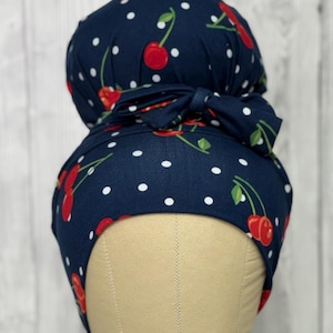 So Cherry stretch scrub cap, stretchy scrub hat for long or short hair high bun ponytail euro soft and stretchy messy bun