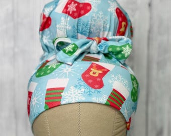 Christmas Stocking stretch scrub cap stretchy scrub hat for long or short hair high bun ponytail messy bun euro cap