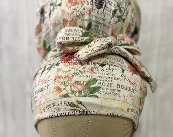 Roze Garden stretch scrub cap stretchy scrub hat for long or short hair high bun ponytail messy bun euro cap