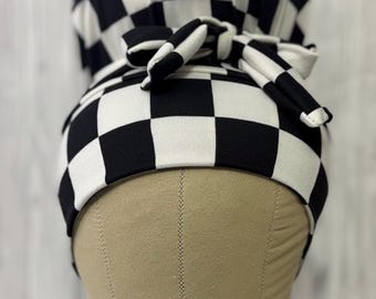 Check Me Out stretch scrub cap stretchy scrub hat for long or short hair high bun ponytail messy bun euro cap