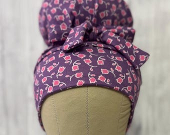 Tulips stretch scrub cap stretchy scrub hat for long or short hair high bun ponytail messy bun euro cap