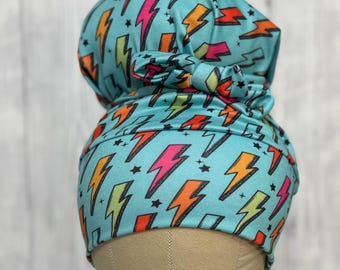 She’s Lightening stretch scrub cap stretchy scrub hat for long or short hair high bun ponytail messy bun euro cap