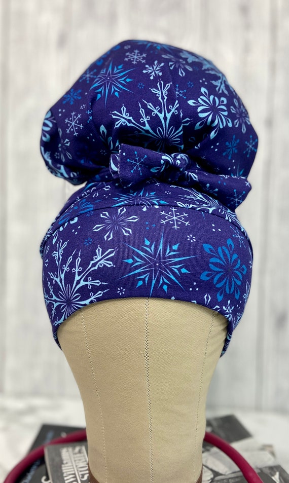 Ice Queen stretch scrub cap, stretchy scrub hat for long or short hair high bun ponytail euro soft and stretchy messy bun