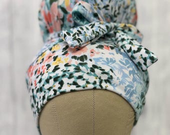 Flower Patch stretch scrub cap stretchy scrub hat for long or short hair high bun ponytail messy bun euro cap