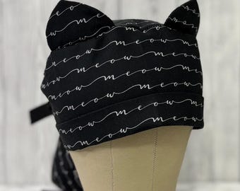 Meow Kitty Cat Ears  fold front ponytail skull cap women’s scrub cap