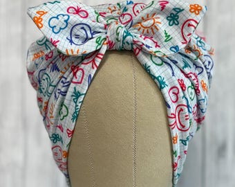 Rosie Riv Stretch Scrub Cap: Doodles Turban Head Cover chemo cap rockabilly style