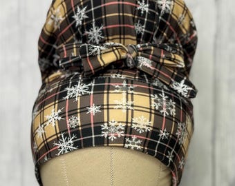Snowflake Plaid stretch scrub cap stretchy scrub hat for long or short hair high bun ponytail messy bun euro cap
