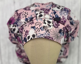 Floral Surgical Skull Print Scrub Cap: Cotton Bouffant Nurse Hat
