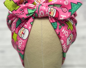 Rosie Riv Ho Ho Ho!  stretch scrub cap, stretchy scrub hat for long or short hair, fashion turban, rockabilly head wrap 40s style
