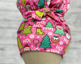 Ho Ho Ho ! Santa Christmas holiday stretch scrub cap, stretchy scrub hat for long or short hair high bun scrub cap