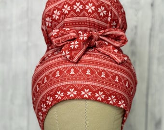 Scandi Sweater stretch scrub cap stretchy scrub hat for long or short hair high bun ponytail messy bun euro cap