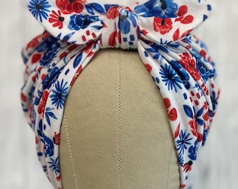 Rosie Riv Red White & Bloom stretchy scrub cap for long hair short hair no hair fashion turban rockabilly head wrap 40s style chemo cap