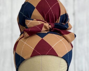Ivy League argyle stretch scrub cap stretchy scrub hat for long or short hair high bun ponytail messy bun euro cap