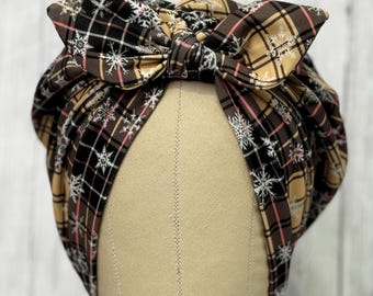 Rosie Riv Winter Plaid Scrub Cap: Stretchy Faux Turban Head Wrap, Chemo Cap Rockabilly Fashion
