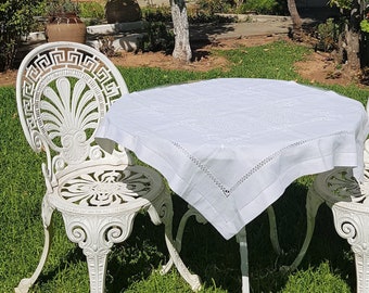 white beautiful square vintage table cloth// Greek home design