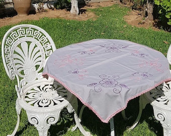 Vintage teatime table cloth//Greek Home Decor// Side table cloth//Tea Time table cloth