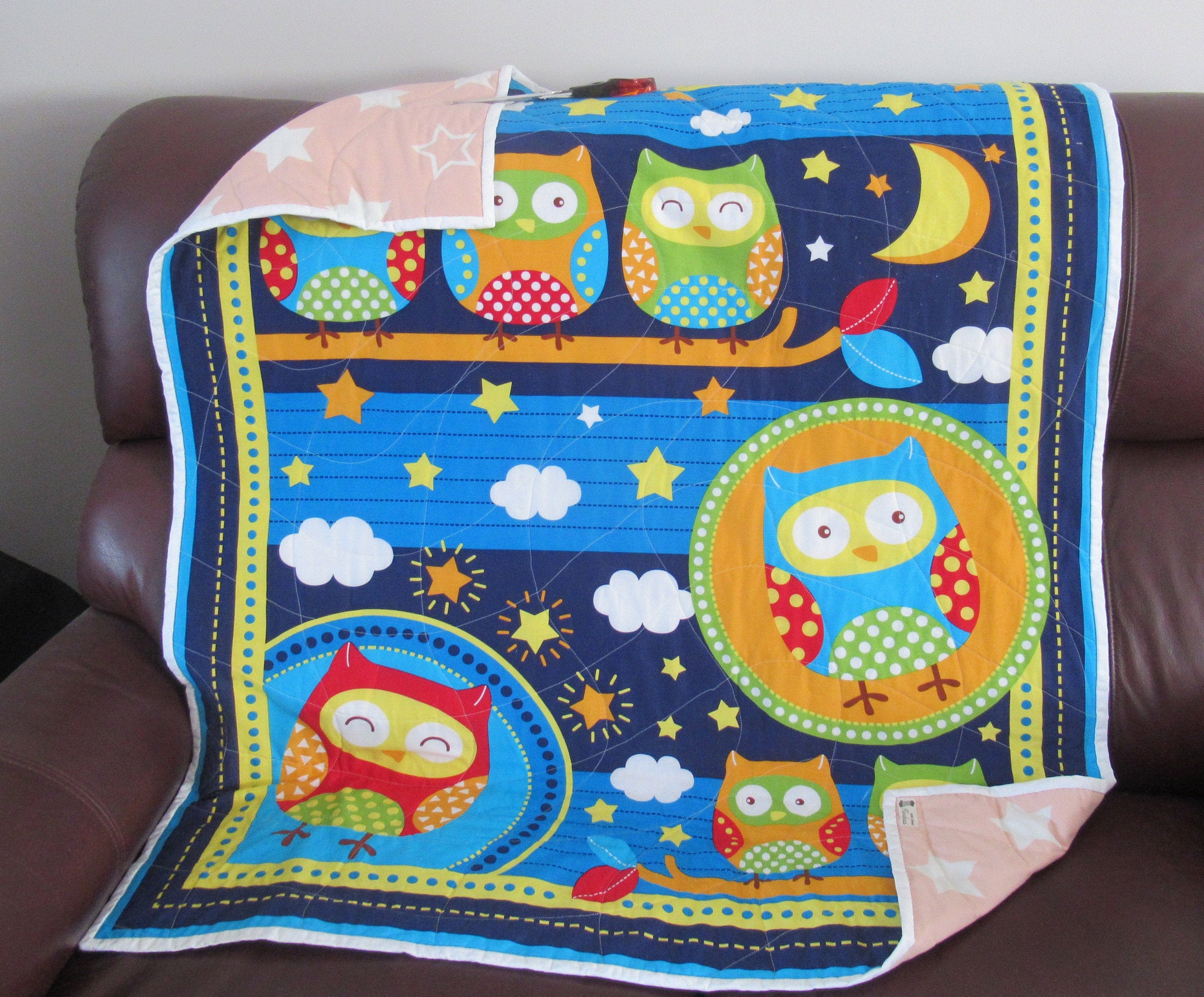 Blue Owl Cot Quilt Set With Bunting, Handmade Toy Owl, Toy Sleeping Bag