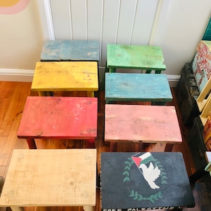 Large Reclaimed Hand painted Rectangular Wood Milking Stools/Coffe table /Discarded Furniture/Wooden Stools Handmade/Palestinian art