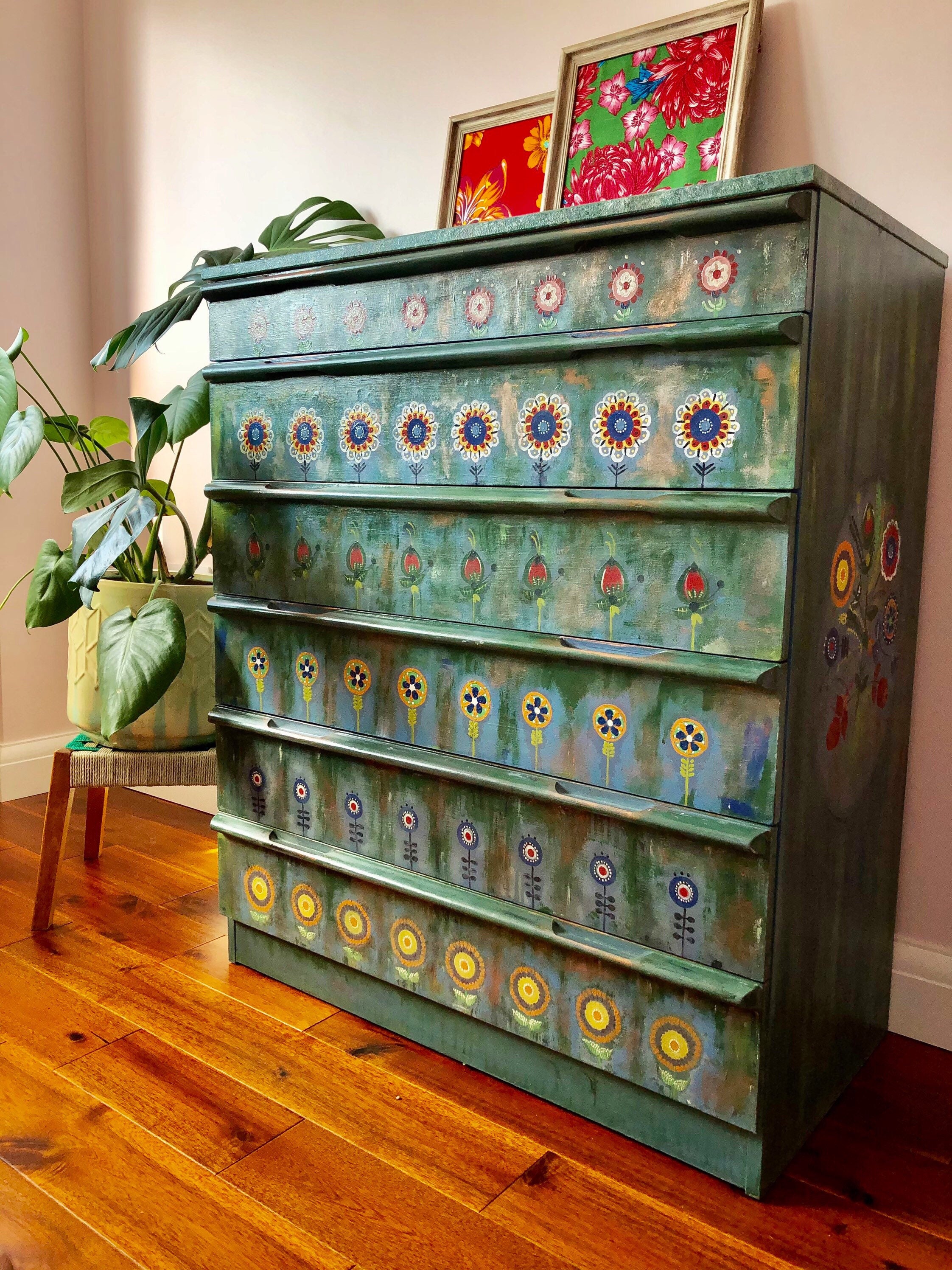 Hand Painted Folk Floral Dresser Retro Dresser Boho/Bohemian Etsy