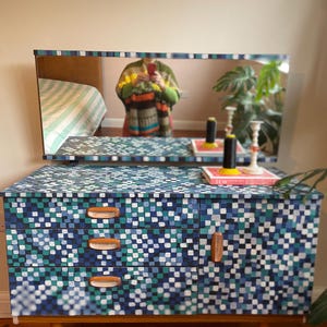 Retro Mid Century Upcycled Hand Painted Mirror Dressing Table/3 drawers and 2 shelves Sideboard/Cabinet (made by Schreiber