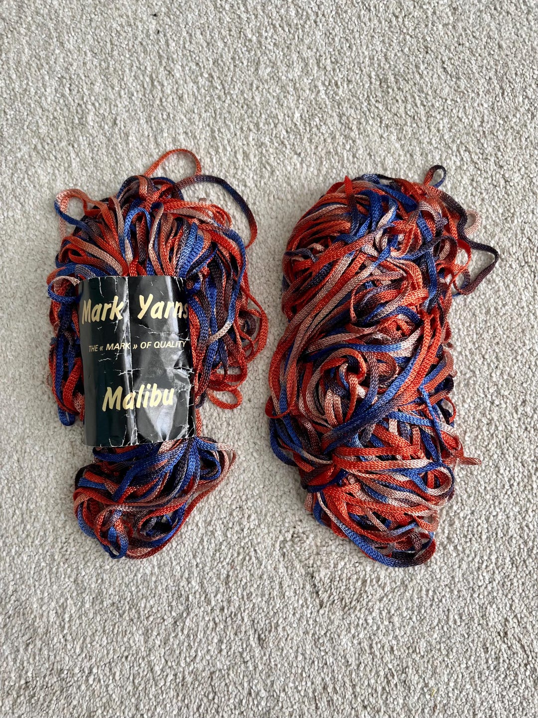 Hillary Ribbon Yarn Destash Yarn, Mark Yarns Malibu, Ribbon, Orange Blue Peach, Hard to ...