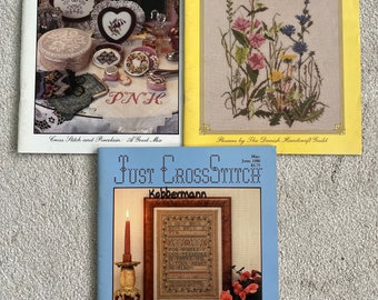 Lot of 3 Vintage Just Cross Stitch Magazines, 1986, Over 50 Diagrams, Patterns, Flowers, Birds, Samplers