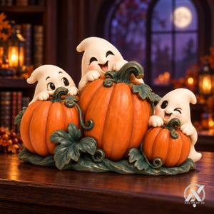 Puede incluir: Una figura decorativa que presenta tres fantasmas blancos de estilo caricatura con rostros expresivos, cada uno interactuando con una calabaza de color naranja brillante. Los fantasmas están colocados alrededor de las calabazas, que están rodeadas de hojas y enredaderas esculpidas en verde oscuro.