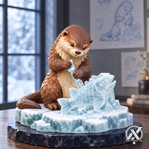 Puede incluir: Una figura de nutria marrón sobre una base de hielo azul claro, sosteniendo una escultura de pez azul claro translúcido. La nutria tiene el pecho color crema y pelaje marrón oscuro. El logo con el texto AXA PRINT 3D es visible abajo a la derecha.