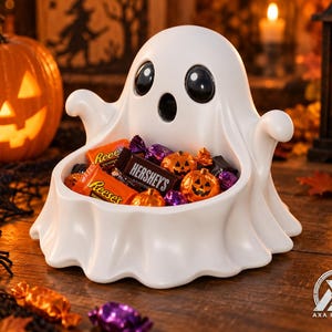 Könnte beinhalten: Eine weiße, geisterförmige Schale mit glatter Oberfläche, großen schwarzen Augen und einem offenen Mund. Die Schale ist mit verschiedenen Halloween-Süßigkeiten gefüllt, darunter Reese's, Hershey's und kleine kürbisförmige Leckereien für eine festliche Optik.