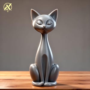 May include: A smooth, matte grey cat figurine with a long, slender neck and pointed ears. The cat is depicted in a seated position with its eyes closed in a serene expression. The surface of the sculpture is uniform in color and texture.
