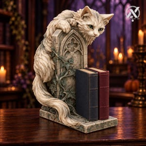 Puede incluir: Una figura de gato color crema posada sobre un sujetalibros con textura de piedra que presenta enredaderas de hiedra talladas y un diseño de arco gótico. El sujetalibros sostiene dos libros pequeños en posición vertical, uno azul oscuro y otro rojo.
