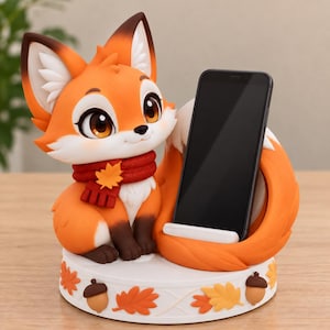 May include: A decorative smartphone stand featuring a cartoon fox with orange fur, white accents, and a red scarf. The fox sits on a white circular base decorated with orange leaves and brown acorns. A black smartphone rests in the integrated holder.