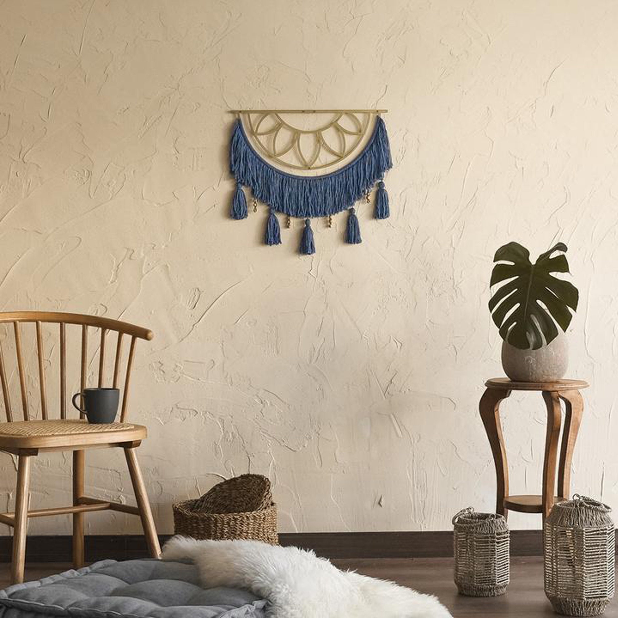 Macrame en Métal Huyana - Décor Mural Macramé Boho de Macramé Moderne Art Macramé, Cadeau Ménage