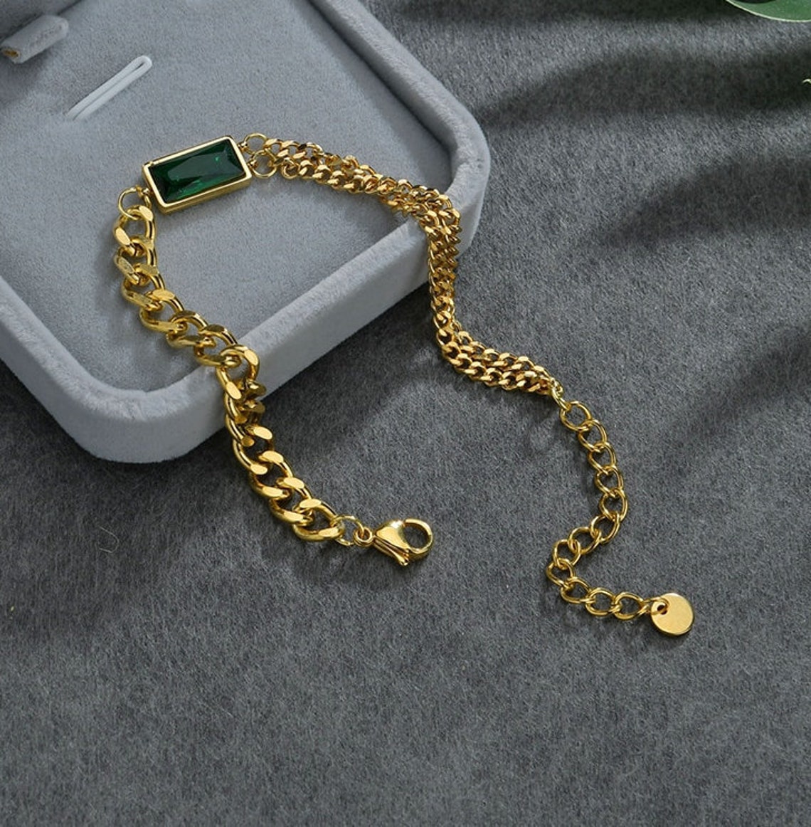 Emerald Chain Bracelet Baguette Linked Chain Green Gemstone Etsy