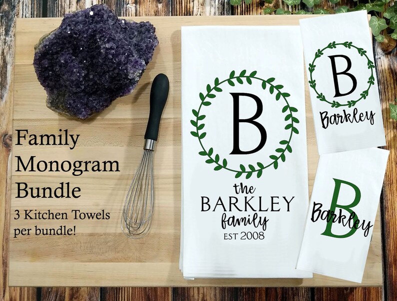 Download Bundle of 3 Kitchen Tea Towels Family Name Monogram | Etsy