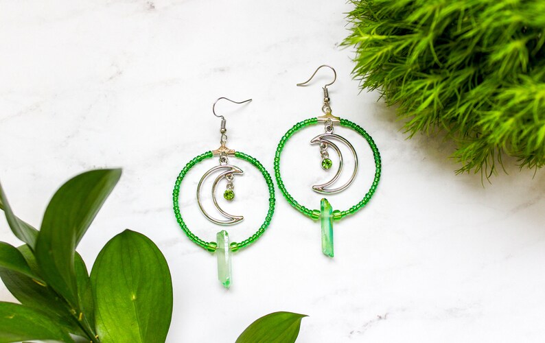Witchy Moon Earrings Moon Crystal Earrings Moon Hoop Earrings Green Aura Quartz Earrings Crescent Moon Phase Earrings Magic Earrings