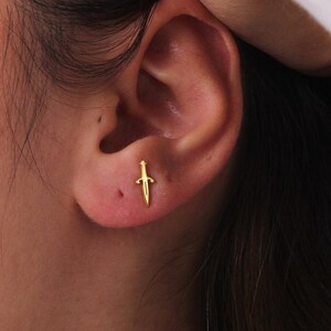 14K Solid Gold Dagger Earrings - 14K Gold Studs, Small Micro Second Hole Fun Knife Sword Stud, Sword Earrings, Christmas Gifts