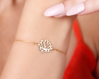 14K Solid Gold Lotus Bracelet, Handmade Silver Yoga Flower Charm, Dainty Minimalist Jewelry, Christmas Gift